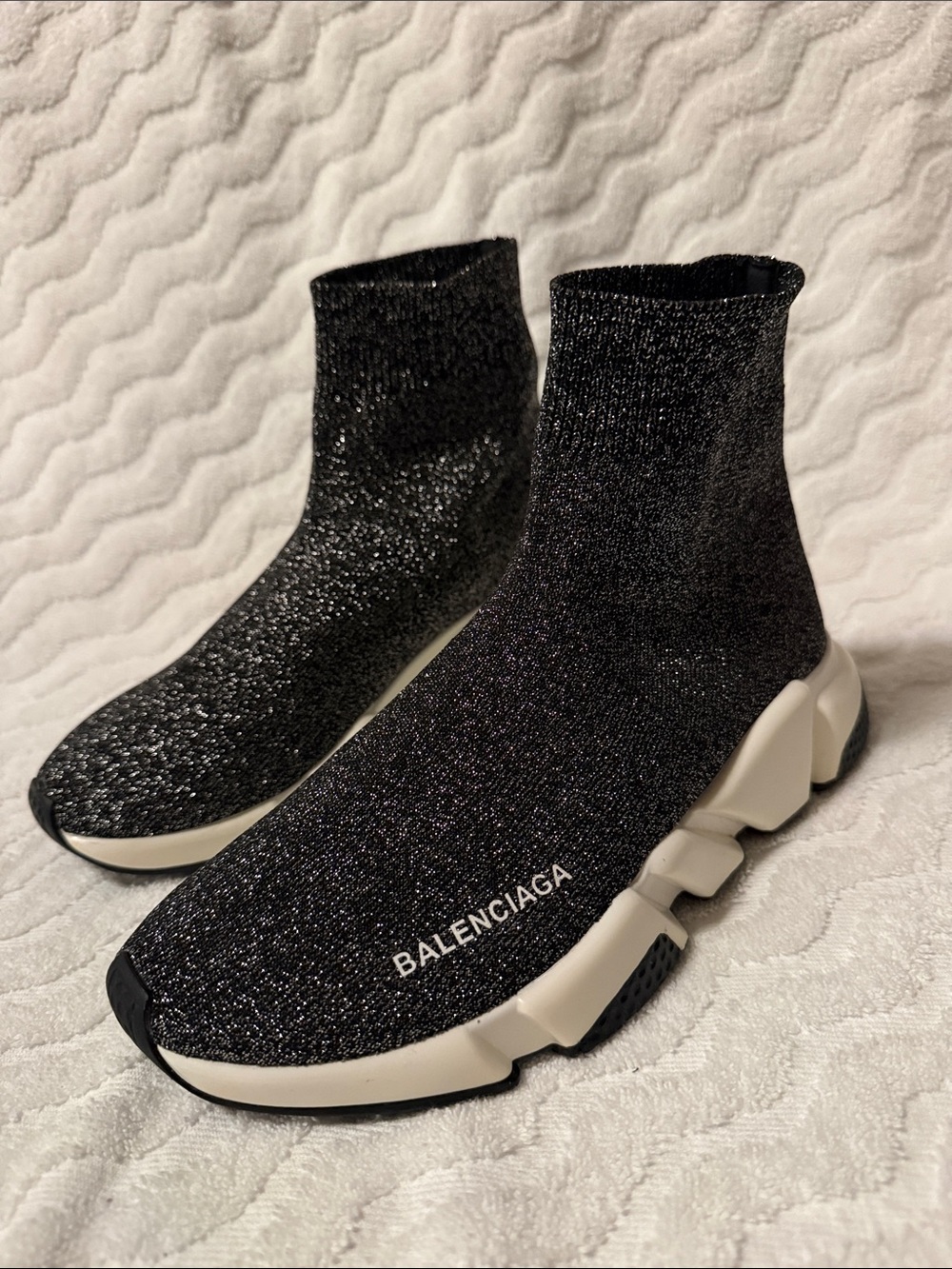 Balenciaga Black Glitter Sock Sneakers with White Sole